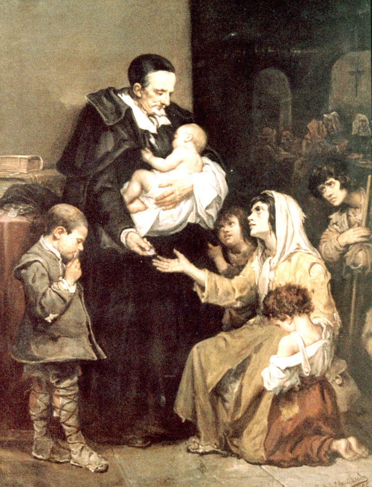 Vincent de Paul distributes alms to poor woman